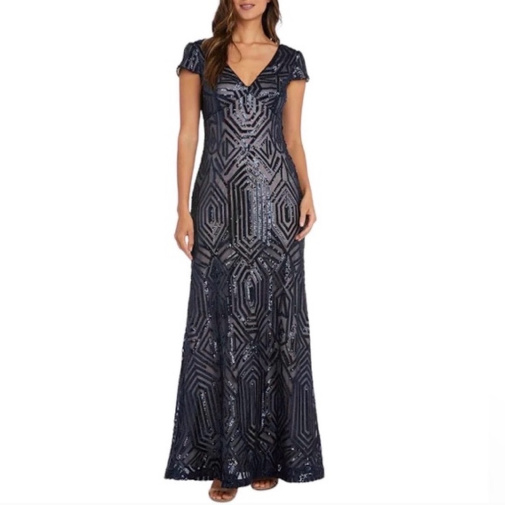 R&M Richards Elegant Navy Sequin Dress Sz 18